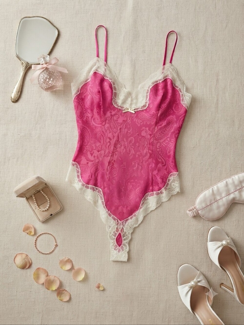 Vintage Delicates Satin Pink Paisley Lace Trim Bodysuit